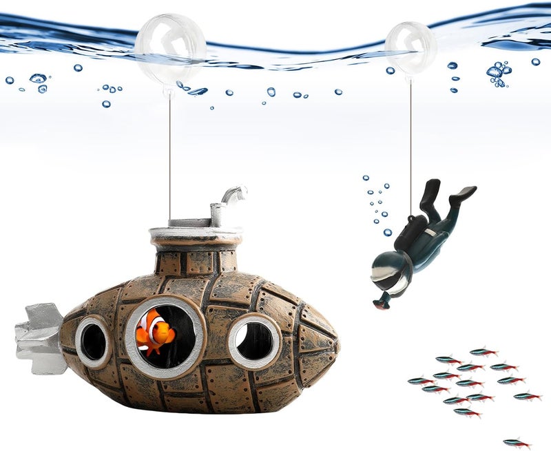 SUPTEC Floating Fish Tank Decoration, LittleCute Retro Submarine AquariumDecoration with Two Float Balls,Resinous Fish Tank Accessorie - Image 2